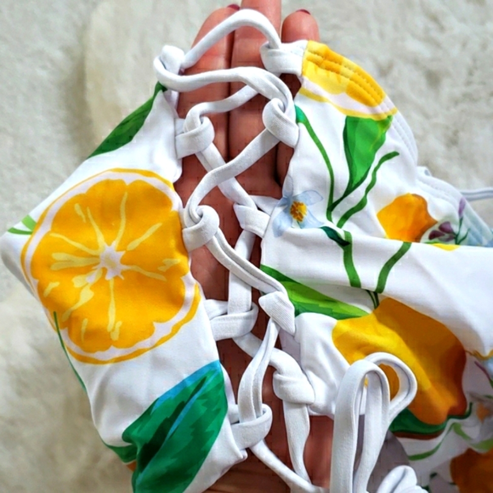 Lemon π Print Side Lace Thong Back One-piece Swim - Picture 8 of 8